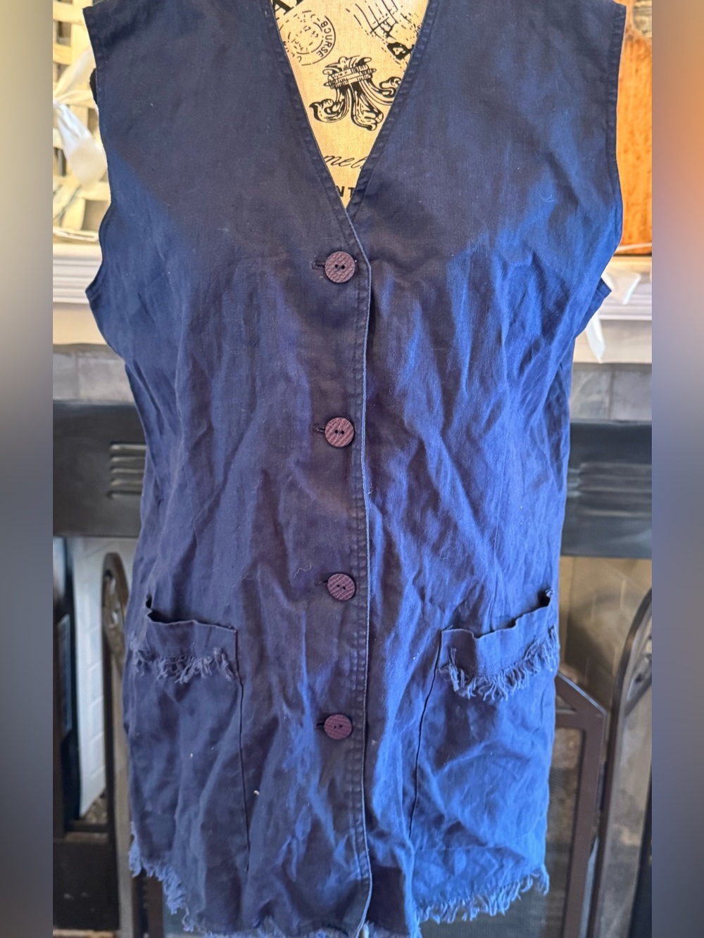 Vintage Navy Blue JSong Collection Linen Longline Frayed Edge Vest Lagenlook LRG